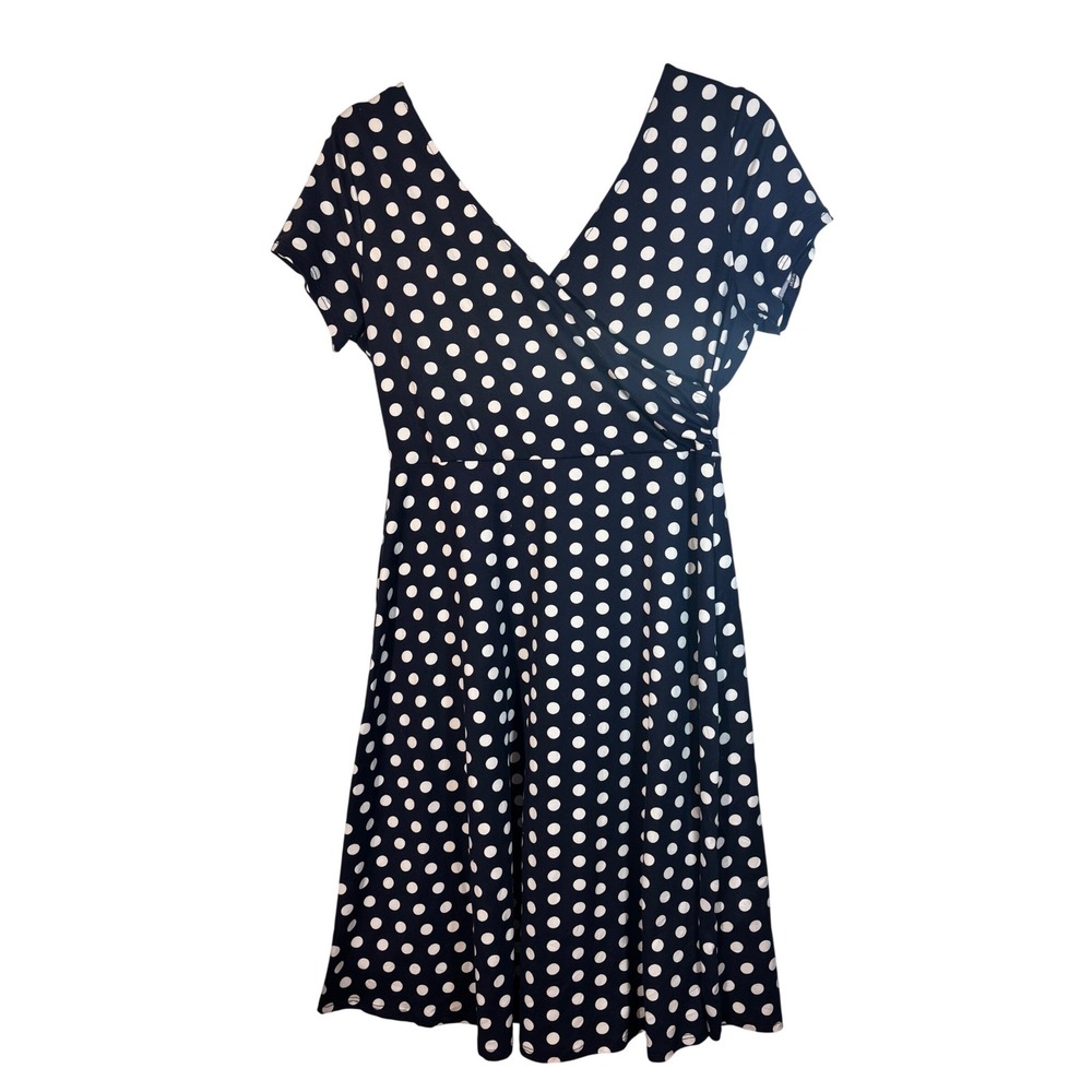 Kaileigh Navy Blue Polka Dot Faux Wrap Dress Womens Small V-Neck A-Line D10702M